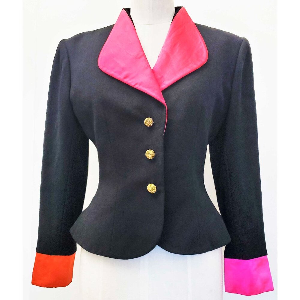 Candice Fraiberger Womens Vintage Black Pink Wool Satin Tailored Blazer Jacket